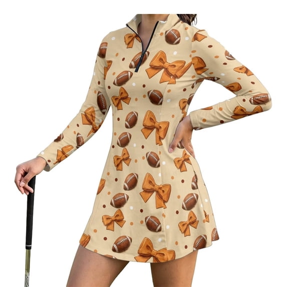 Yuyamidu Bow Football Womens Tennis Golf Dress Built in Shorts Fall Exercise Workout Dress with Pockets Trendy Long Sleeve Golf Athletic Dresses for Women Size 2XL