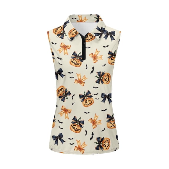 Yuyamidu Bow Pumpkin Women's Sleeveless Golf Shirts with Zip Up Stretchy Breathable Fabric, Slim Fit, Suitable for Tennis Practice, Casual Golf Outings, Summer Outdoor Activities