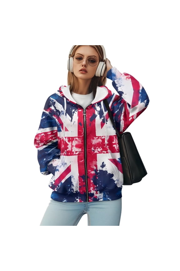 British Flag Womens Zip Up Hoodies 2025 Oversized Hoodie for Women Trendy Hooded Sweatshirts Fall Winter Zipper Y2k Jacket