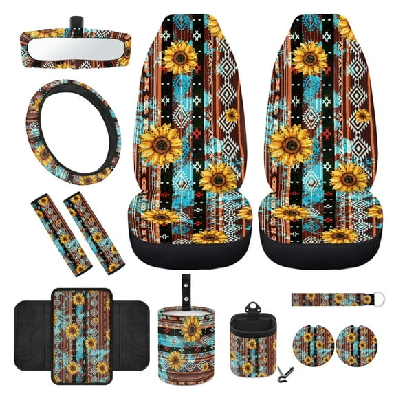 Yuyamidu Brown Aztec Auto Front Seats Cover Set of 12 Sunflower Steering Wheel Cover Seatbelt Pads Center Console Cover Trash Bin Sunglass Holder Rearview Mirror Cover Cup Holder Keychain Car Decor