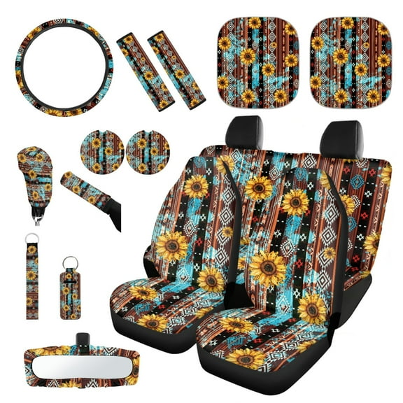 Yuyamidu Brown Aztec Car Seat Cover Full Set of 16 Sunflower Auto Steering Wheel Cover Seatbelt Strap Pad Gear Shift Cover Hand Brake Cover Car Shade Rearview Mirror Cover Cup Mat Key Ring