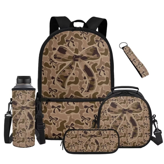 Yuyamidu Brown Camo Bow Kids Backpack with Lunch Box, Pencil Case, Water Bottle Pouch & Keychain, 5-Piece Kids School Backpack for Girls 8-12, 3rd-6th Grade, Back to School