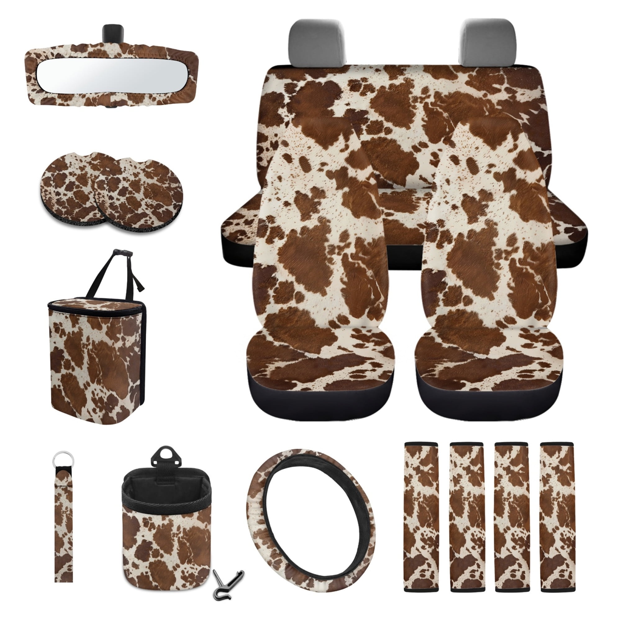 Yuyamidu Brown Car Seat Cover Set with Steering Wheel Cover Cow Print Seat Belt Strap Cover Garbage Can Butterfly Air Vent Pouch Auto Rearview Mirror Cover Coasters Keychain Straps, 15 Pack
