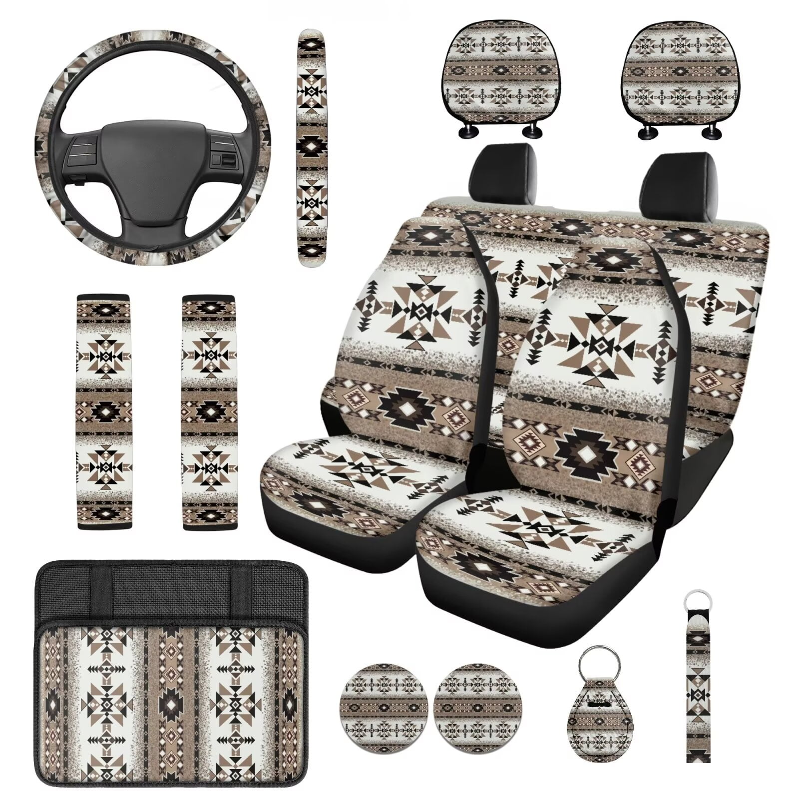 Yuyamidu Brown Car Seat Covers Full Set Southwest Aztec Steering Wheel Cover Safe Belt Pads Auto Headrest Covers Coasters Car Center Console Cover, 14 Pack