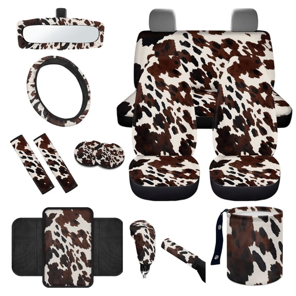 Yuyamidu Brown Cow Print Auto Accessories Set Car Seat Covers Auto Steering Wheel Cover Seatbelt Shoulder Pad Trash Can Rearview Mirror Cover Handbrake Cover Set Car Armrest Cup Holders