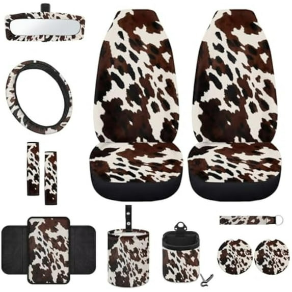Yuyamidu Brown Cow Print Car Front Seat Cover Set with Steering Wheel Cover Seat Belt Pads Armrest Cover Coasters Trash Bag Air Vent Bag Rearview Mirror Cover Keychain 12 Pack Auto Accessories