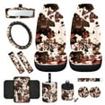 thumbnail image 1 of Yuyamidu Brown Cow Print Car Front Seat Cover Set Western Aztec Steering Wheel Cover Seat Belt Cover Trash Can Armrest Cover Rear View Mirror Cover Coasters Keychain Air Vent Storage Bag, 12 Pack, 1 of 7