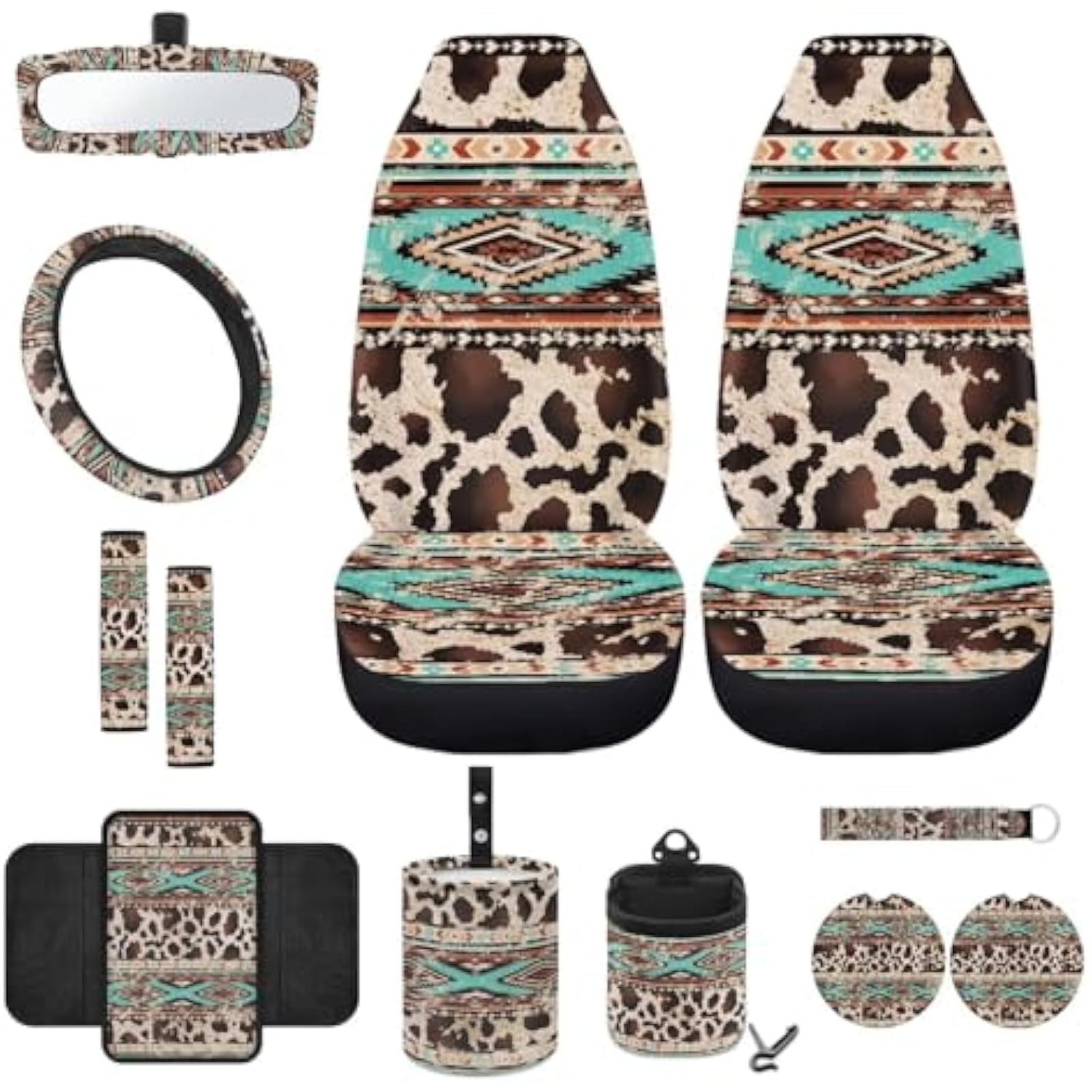 Yuyamidu Brown Cow Print Car Seat Cover Set of 12 Western Aztec Front Seat Covers Steering Wheel Cover Seatbelt Pads Armrest Cover Trash Can Air Vent Holder Rearview Mirror Cover Coasters Keychain