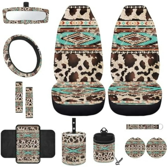 Yuyamidu Brown Cow Print Car Seat Cover Set of 12 Western Aztec Front Seat Covers Steering Wheel Cover Seatbelt Pads Armrest Cover Trash Can Air Vent Holder Rearview Mirror Cover Coasters Keychain