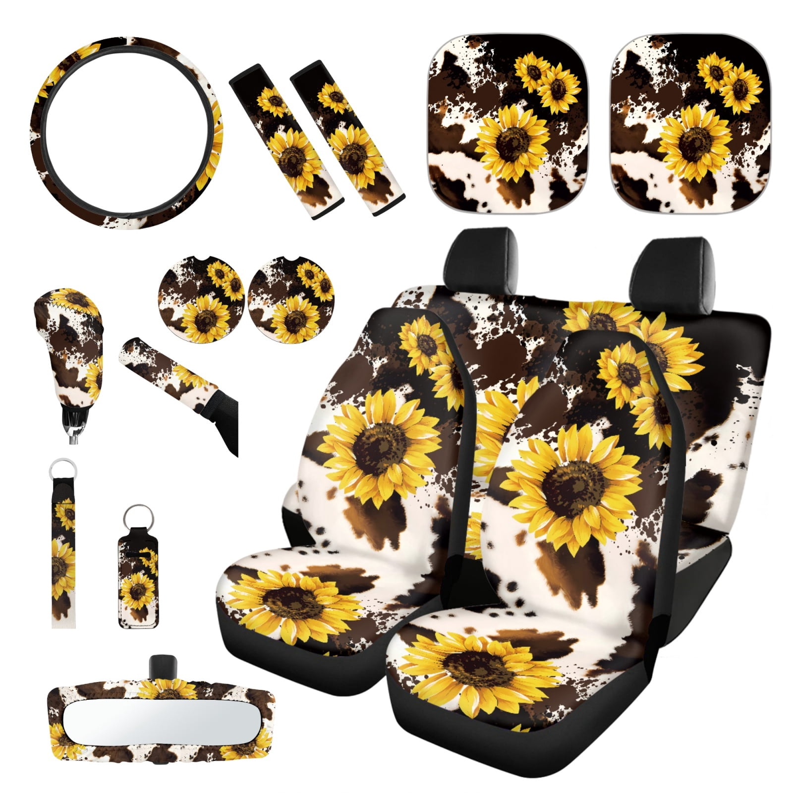 Wanyint Leopard Sunflower Car Seat Covers 12-Piece Set - Steering Wheel & Seatbelt Covers Included
