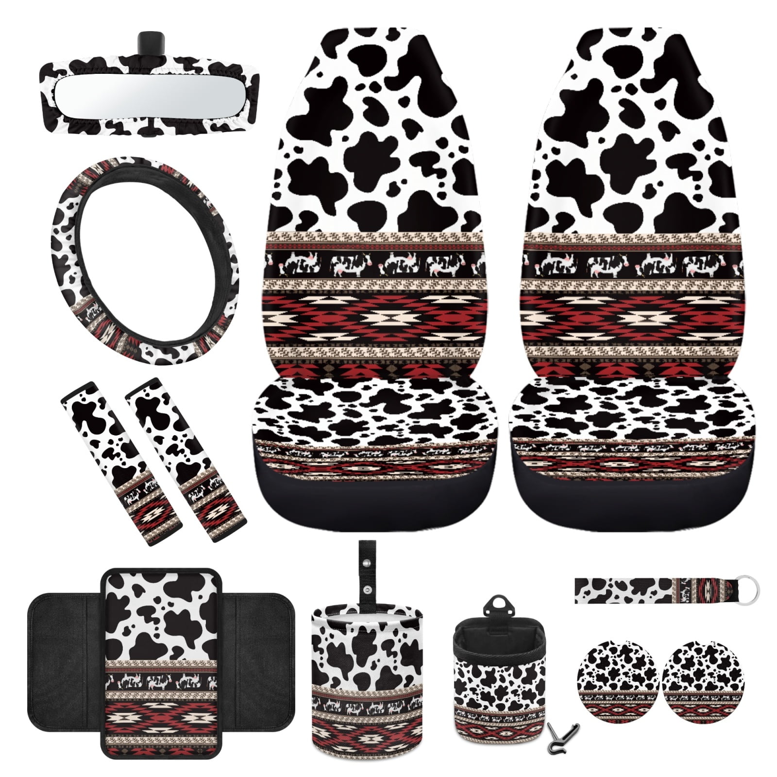 Yuyamidu Cow Print Car Front Seat Cover Set with Steering Wheel Cover Red Aztec Seat Belt Pads Armrest Cover Coasters Trash Bag Air Vent Storage Bag Rearview Mirror Cover Keychain, 12 Pack