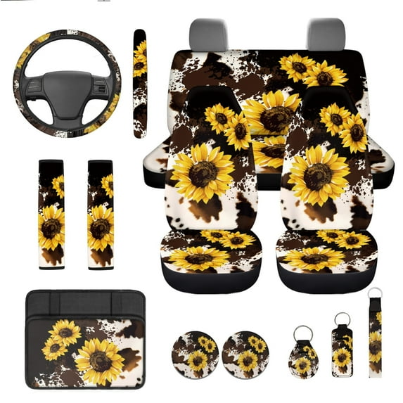 Yuyamidu Brown Cow Print Car Seat Cover Sunflowers Steering Wheel Cover Seatbelt Pads Auto Armrest Cover Key Chain Coasters 13pcs Car Accessories Set