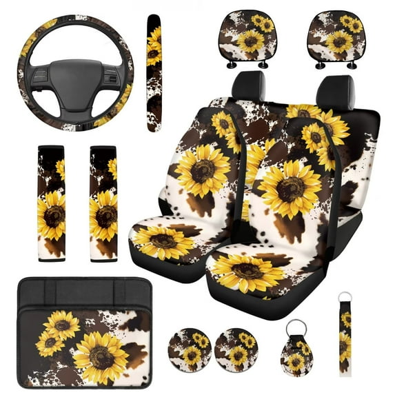 Yuyamidu Brown Cow Print Car Seat Covers Full Set with Steering Wheel Cover Sunflower Safe Belt Pads Coasters Headrest Covers Key Chain Car Center Console Cover, Set of 14