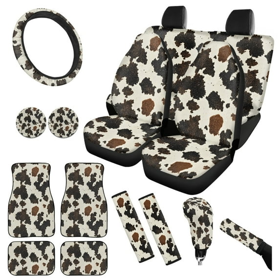Yuyamidu Brown Cow Print Car Seat Covers Set of 15 Cute Auto Carpet Mats Steering Wheel Cover Seatbelt Cushion Pad Car Gear Shift Knob Cover Set Cup Mat
