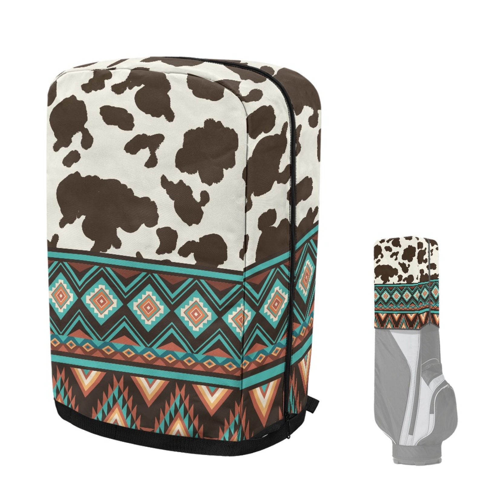 Yuyamidu Brown Cow Print Golf Bag Cover Aztec Hood Golf Bag Dust Cover for Clubs Protection with Snap Button and Zipper