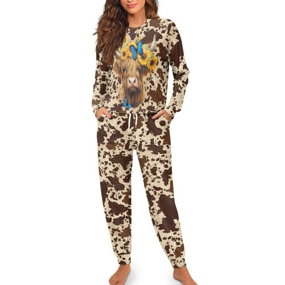 Yuyamidu Brown Cow Print Pajamas for Ladies Size M Highland Cow Long Sleeve Night Clothes Sunflower Round Neck Sleep Set 2 Packs Women's Pjs for Fall Winter Spring