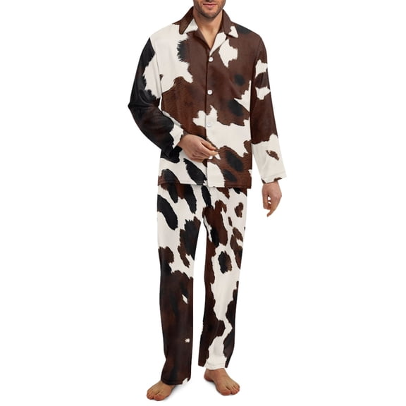 Yuyamidu Brown Cow Print Pajamas Pants Set for Men with Pockets 2 Pieces Soft Button Down Lounge Wear Sets Breathable Casual Long Sleeve Sleepwear Size XL