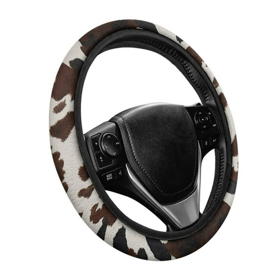 Yuyamidu Brown Cow Print Steering Wheel Cover Winter Steering Wheel Accessories Soft Flannel Steering Cover for Automobile Sedan Fluffy Car Wheel Cover