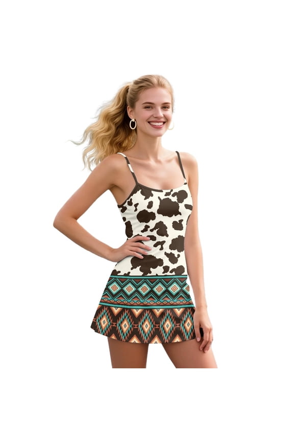 Brown Cow Print Womens Tennis Dress, 2 PCS Aztec Tribal Golf Workout Dress with Shorts, Casual Spaghetti Strap Athletic Dresses Size 2XL