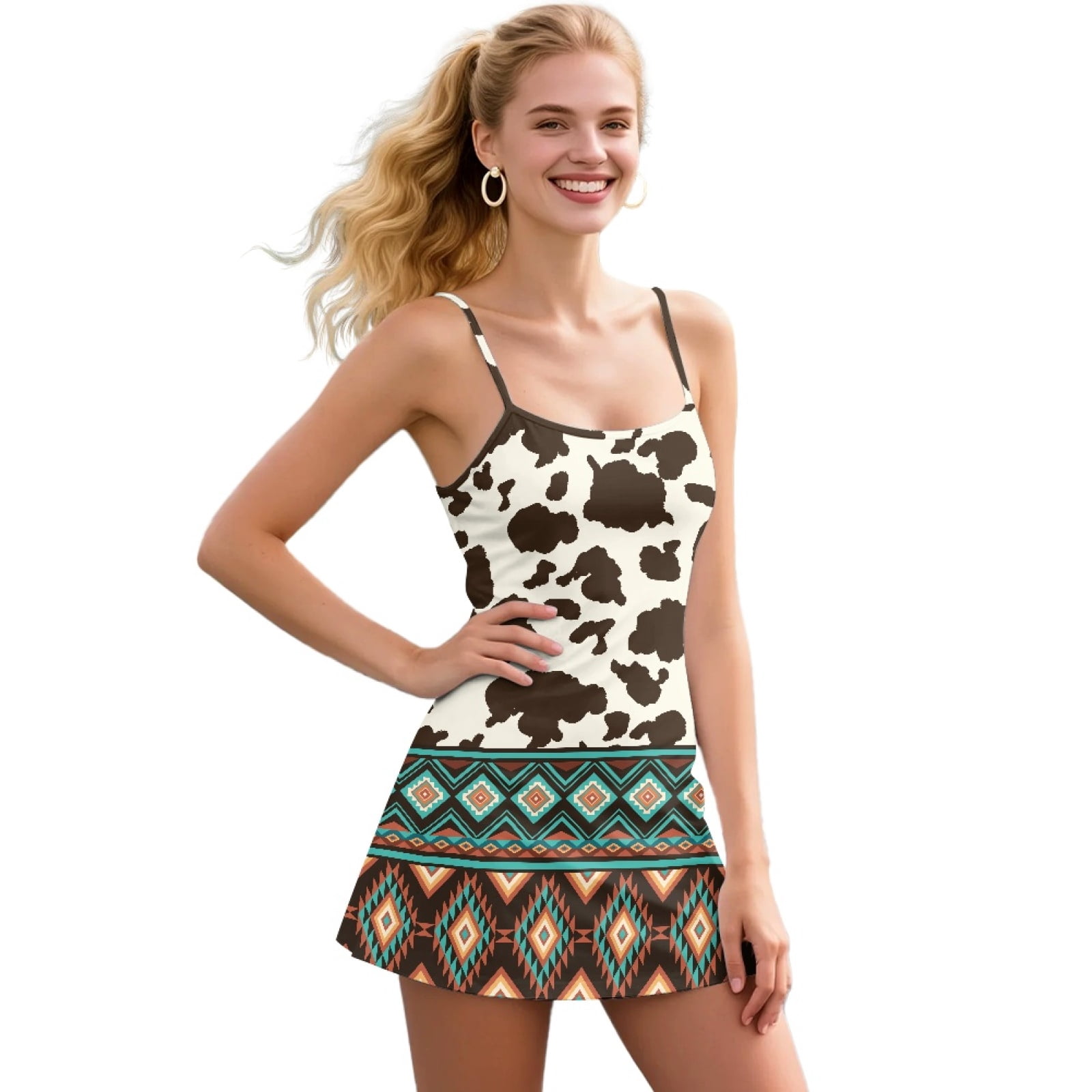 Yuyamidu Brown Cow Print Womens Tennis Dress, 2 PCS Aztec Tribal Golf Workout Dress with Shorts, Casual Spaghetti Strap Athletic Dresses Size L