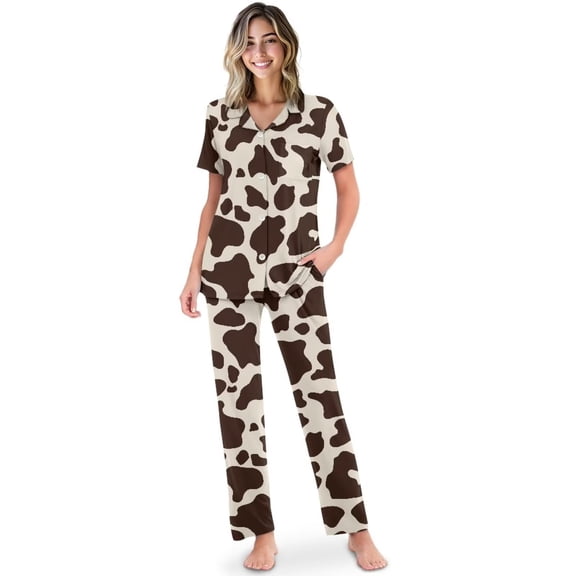 Yuyamidu Brown Cow Womens Pajamas Sets 2 Piece Short Sleeve Sleepwear Tops and Long Pants Pjs Sets Print Nightwear with Pockets