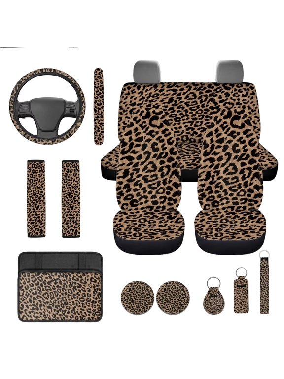 Brown Leopard Print Car Seat Cover Set of 13 Fashion Steering Wheel Cover Seat Belt Covers Center Console Pad Keychain Coasters Auto Interior Accessories