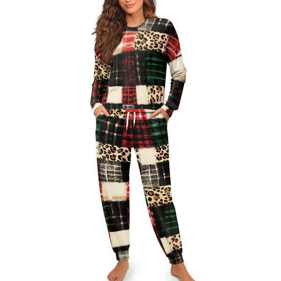 Yuyamidu Buffalo Grid Long Sleeve Pajamas Set Size 2XL 2 Piece Leopard Print Sleepwear Top and Pants with Pockets Christmas Pjs Pajama Women Sports Outfits