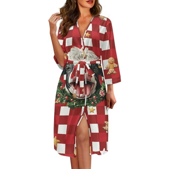 Yuyamidu Buffalo Grid Robes for Women Xmas Cow V-Neck Bathrobe Sleepwear Christmas Mid-Length Night Robe Size S Red Long Sleeves Kimono Robe with Waist Belt