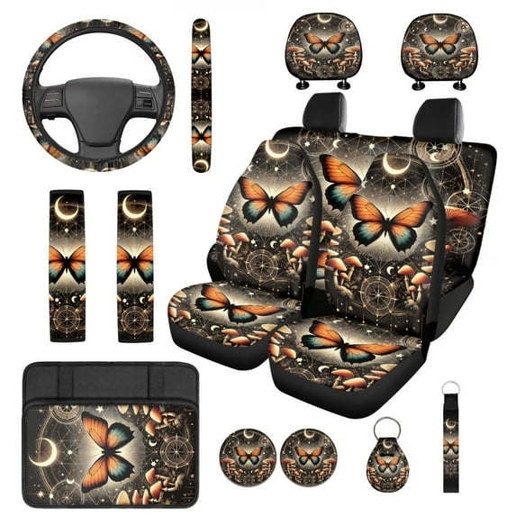 Yuyamidu Butterfly Car Front Back Seat Covers Full Set of 14 Mushroom Steering Wheel Cover Seat Belt Pad Head Rest Covers Armrest Cover Pad Wrist Strap Coasters, Universal Fit