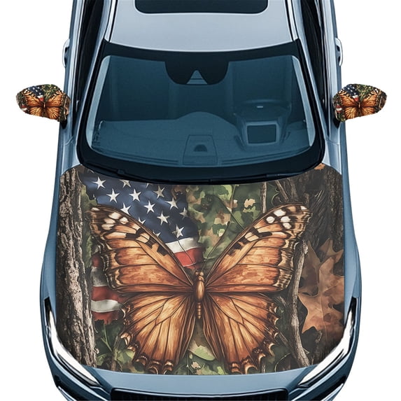 Yuyamidu Butterfly Car Hood Cover Protector American Flag Vehicle Side View Mirror Cover Camo Hunting Car Hood Wrap with Exterior Rear View Accessories for Car Sedans Decoration, 3 Piece