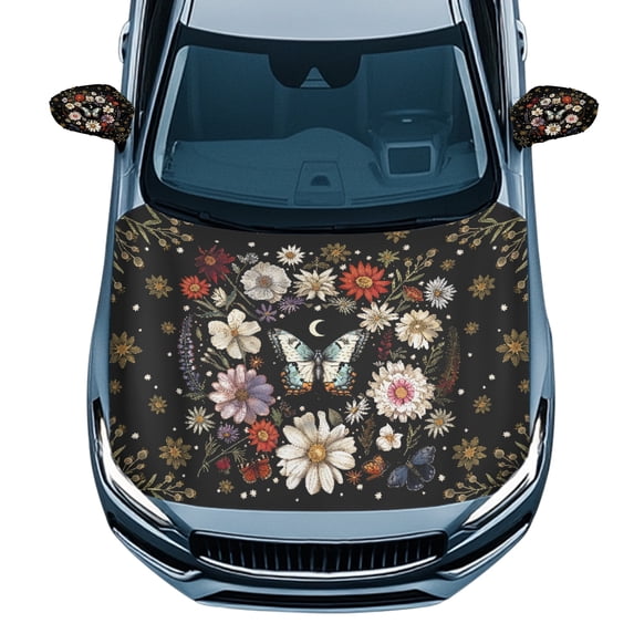 Yuyamidu Butterfly Car Hood Cover Protector Floral Vehicle Side View Mirror Wrap 3pcs Elastic Car Front Hood Cover Removable Mirror Covers Auto Accessories for Cars Sedans
