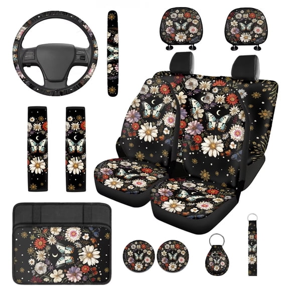Yuyamidu Butterfly Car Seat Cover Full Set of 14 Flower Steering Wheel Cover Seat Belt Covers Center Console Cover Cup Coasters Headrest Covers Keychain