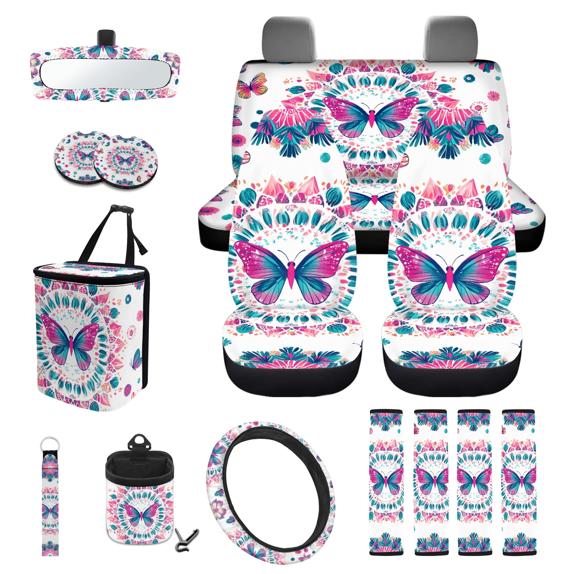 Yuyamidu Butterfly Car Seat Cover Full Set of 15 Flower Steering Wheel Cover Seat Belt Strap Cover Trash Can Rear View Mirror Cover Auto Coaster Wristlet Keychain Air Vent Storage Bag Car Decor