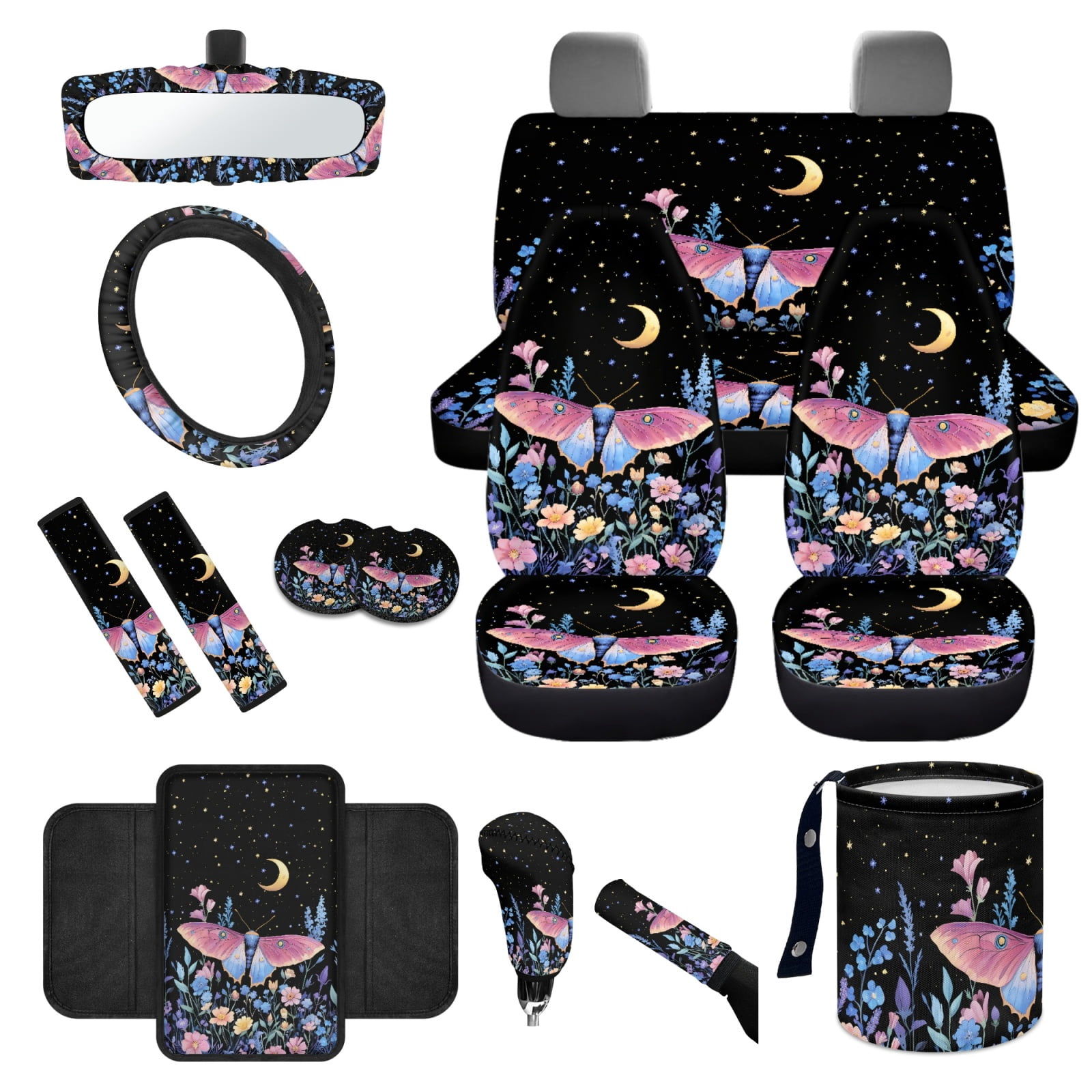 Yuyamidu Butterfly Car Seat Cover Full Set with Steering Wheel Cover Flower Seat Belt Strap Pads Cup Coasters Trash Bag Rearview Mirror Cover Armrest Cover Pad Auto Handbrake Cover Set of 14