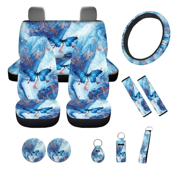 Yuyamidu Butterfly Car Seat Cover Full Set with Steering Wheel Cover Blue Marble Print Seat Belt Pad Cup Coasters Key Chain Fit Most Vehicles, 12 PCS