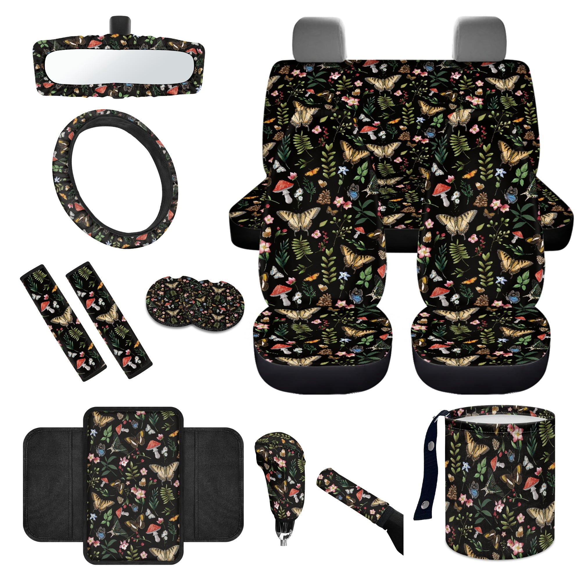 Yuyamidu Butterfly Car Seat Cover Protector Mushroom Steering Wheel Cover Seatbelt Pads Auto Armrest Cover Trash Bin Rearview Mirror Cover Handbrake Cover Set Coasters 14pcs Car Accessories Set