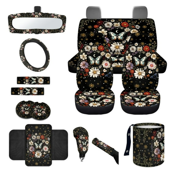Yuyamidu Butterfly Car Seat Covers Full Set of 14 Floral Steering Wheel Cover Seat Belt Pads Coasters Waste Bin Armrest Cover Cup Holders Rearview Mirror Cover Flowers Handbrake Cover Set