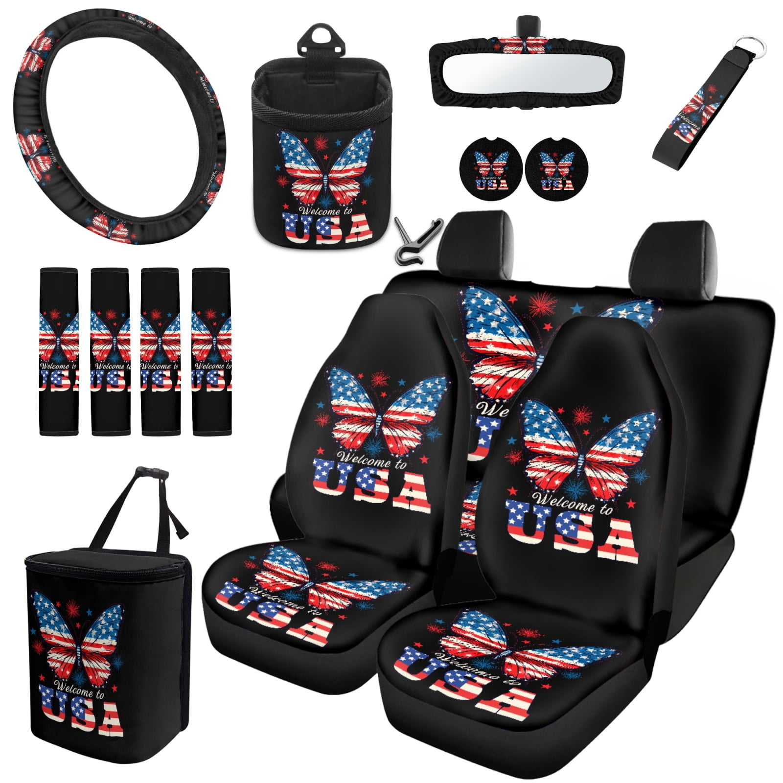 Yuyamidu Butterfly Car Seat Covers Full Set of 15 American Flag Steering Wheel Cover Seat Belt Covers Trash Box Air Vent Pouch Rear View Mirror Cover Auto Coasters Keychain Wristlet Strap