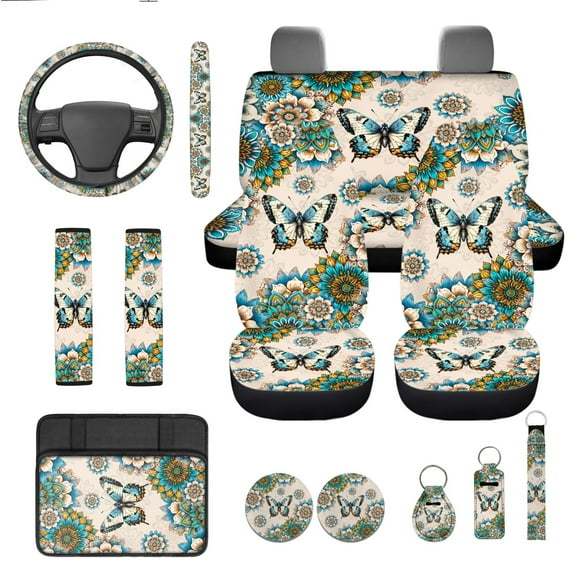 Yuyamidu Butterfly Car Seat Covers Set Dahlia Steering Wheel Cover Seat Belt Covers Car Armrest Cover Coasters Key Chain 13pcs Auto Interier Accessories