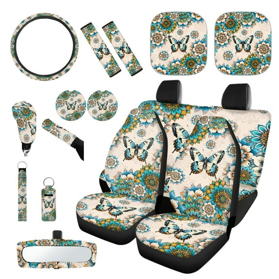 Yuyamidu Butterfly Car Seat Covers and Steering Wheel Cover Seat Belt Strap Pads Cup Coasters Rearview Mirror Cover Keychain Dahlia Car Shade Handbrake Gear Shift Knob Cover 16 PCS Auto Accessories