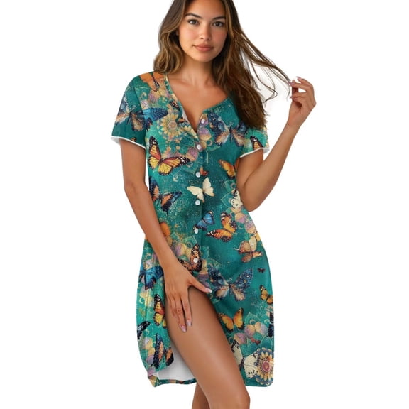 Yuyamidu Butterfly Elegant Nightgown for Women Lounge Sleep Night Gown Button Down Nightshirts Short Sleeve Crew Neck Housecoat