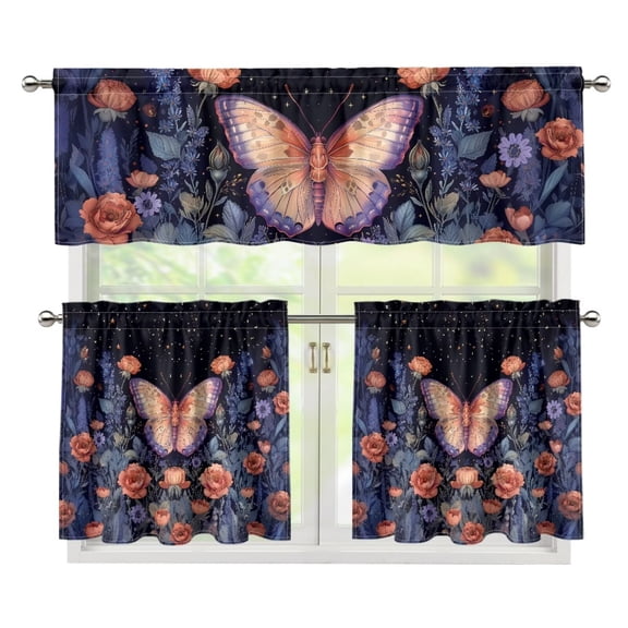 Yuyamidu Butterfly Kitchen Window Curtains Valance and Tier 3 Panel Set Replacement Small Short Cafe Window Curtains Waterproof Contemporary Trendy Valances with Rod Pockets Gift for Friends