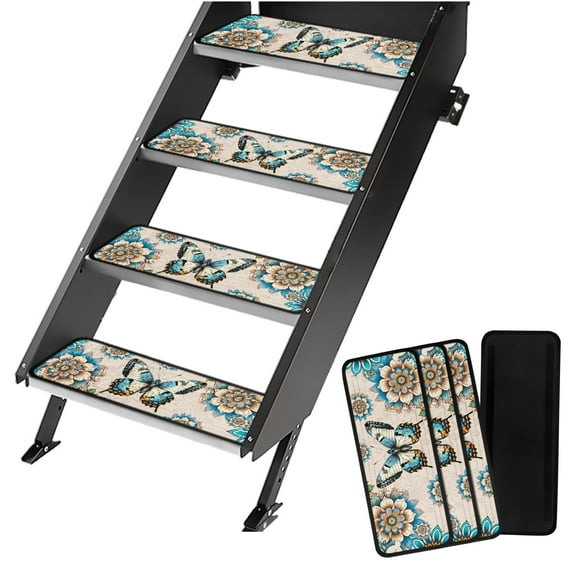 Yuyamidu Butterfly RV Steps Covers Rugs 4 Pack RV Camper Step Stair Covers Rugs Boho Mandala Flower Camper Step Covers Universal RV Stair Carpet with Hook and Loop