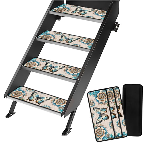 Yuyamidu Butterfly RV Steps Covers Rugs 4 Pack RV Camper Step Stair Covers Rugs Boho Mandala Flower Camper Step Covers Universal RV Stair Carpet with Hook and Loop