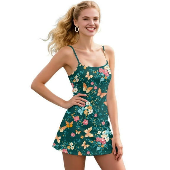Yuyamidu Butterfly Tennis Dress for Women Size XS Colorful Flowers Golf Dresses Built-in Shorts with Pockets, Stretchy Womens Athletic Dress Sportswear