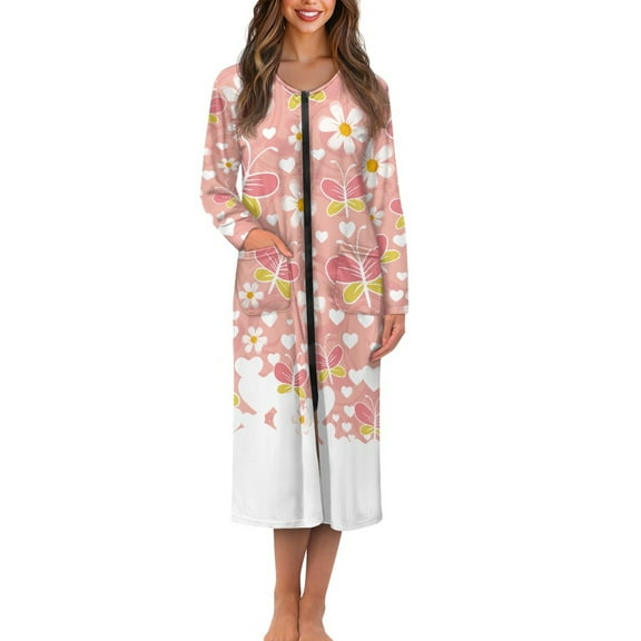 Yuyamidu Butterfly Women Bath Robes Female Zipper Front Long Sleeves Bathrobe Flower Housecoat Nightgown Size 3XL Pink Mid-Length Pjs Sleepdress Ladies Lounge Dresses