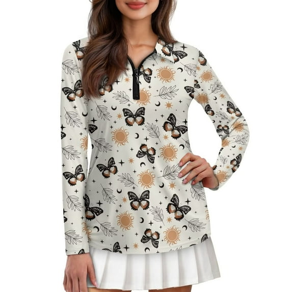 Yuyamidu Butterfly Women's Golf Shirt Sun and Moon Long Sleeve 1/4 Zip Athletic Tennis Shirts Workout Shirts Activewear Size 2XL