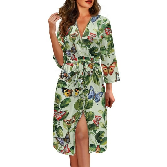 Yuyamidu Butterfly Women's Long Robes Green Leaves V-Neck Bathrobes Casual Long Sleeve Robe Size L Ladies Sleepwear Nightgown Soft Dressing Gown with Waist Belt