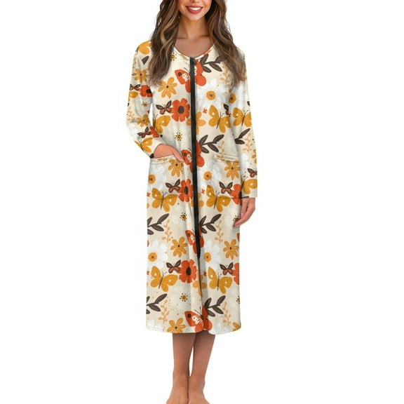 Yuyamidu Butterfly Zipper Up Robes Long Sleeve Bathrobe for Women Fall Maple Leaves Round Neck Nightgowns Robe Loose Fitting Pajama Dress Thanksgiving Casual Mid-Length Sleepwear Size XL