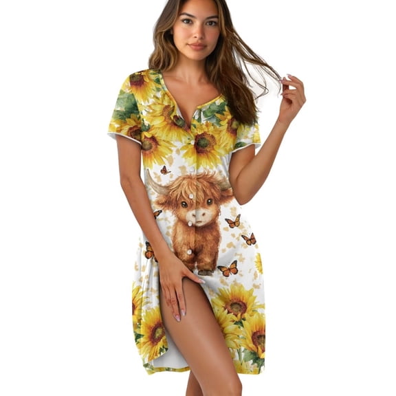 Yuyamidu Button Down Nightgowns for Women Short Sleeve Nightshirts Knee-Length House Dress Summer Breathable Nightdress, Highland Cow Sunflower